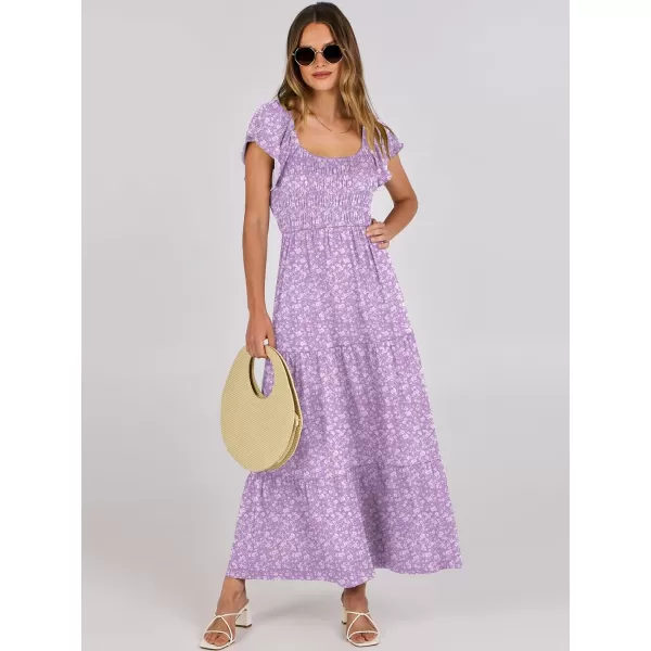 imageANRABESS Womens 2024 Summer Casual Flutter Short Sleeve V Neck Smocked Elastic Waist Tiered A Line Maxi DressPurple Floral