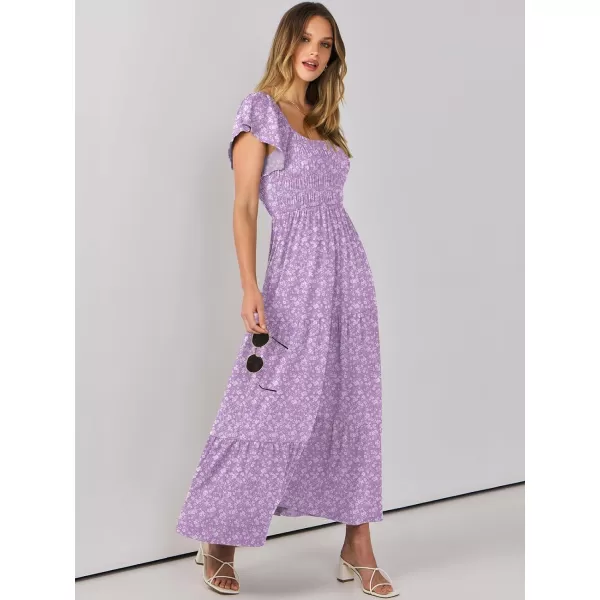 imageANRABESS Womens 2024 Summer Casual Flutter Short Sleeve V Neck Smocked Elastic Waist Tiered A Line Maxi DressPurple Floral