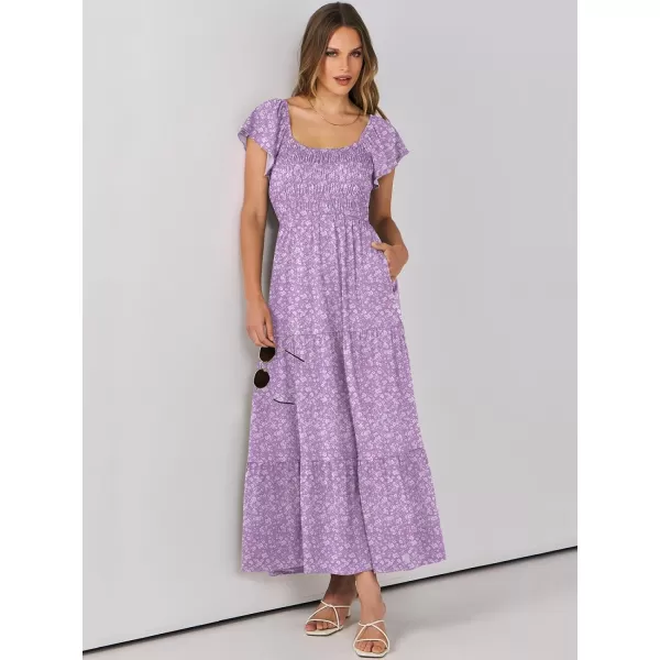 imageANRABESS Womens 2024 Summer Casual Flutter Short Sleeve V Neck Smocked Elastic Waist Tiered A Line Maxi DressPurple Floral