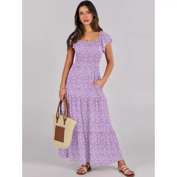 imageANRABESS Womens 2024 Summer Casual Flutter Short Sleeve V Neck Smocked Elastic Waist Tiered A Line Maxi DressPurple Floral