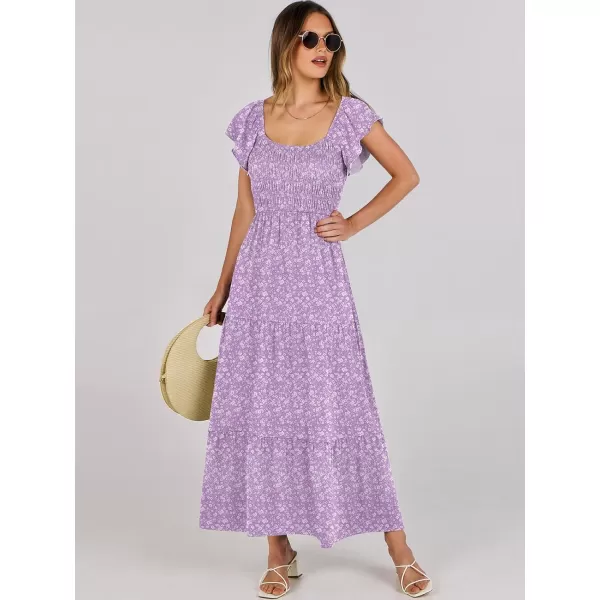 imageANRABESS Womens 2024 Summer Casual Flutter Short Sleeve V Neck Smocked Elastic Waist Tiered A Line Maxi DressPurple Floral