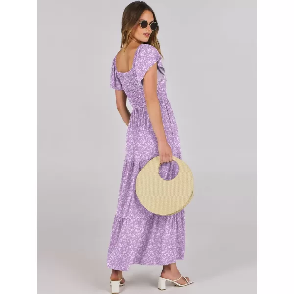 imageANRABESS Womens 2024 Summer Casual Flutter Short Sleeve V Neck Smocked Elastic Waist Tiered A Line Maxi DressPurple Floral
