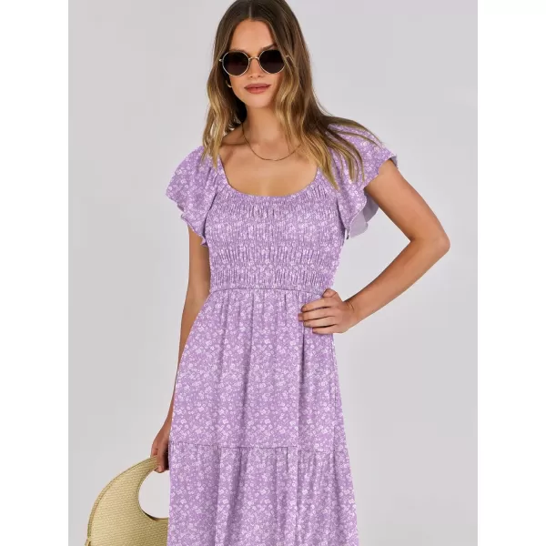 imageANRABESS Womens 2024 Summer Casual Flutter Short Sleeve V Neck Smocked Elastic Waist Tiered A Line Maxi DressPurple Floral