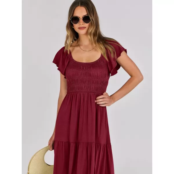 imageANRABESS Womens 2024 Summer Casual Flutter Short Sleeve V Neck Smocked Elastic Waist Tiered A Line Maxi DressWine Red