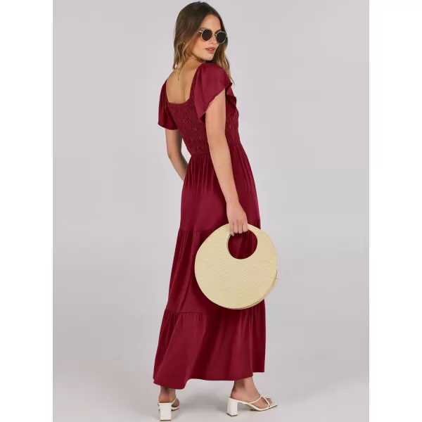 imageANRABESS Womens 2024 Summer Casual Flutter Short Sleeve V Neck Smocked Elastic Waist Tiered A Line Maxi DressWine Red