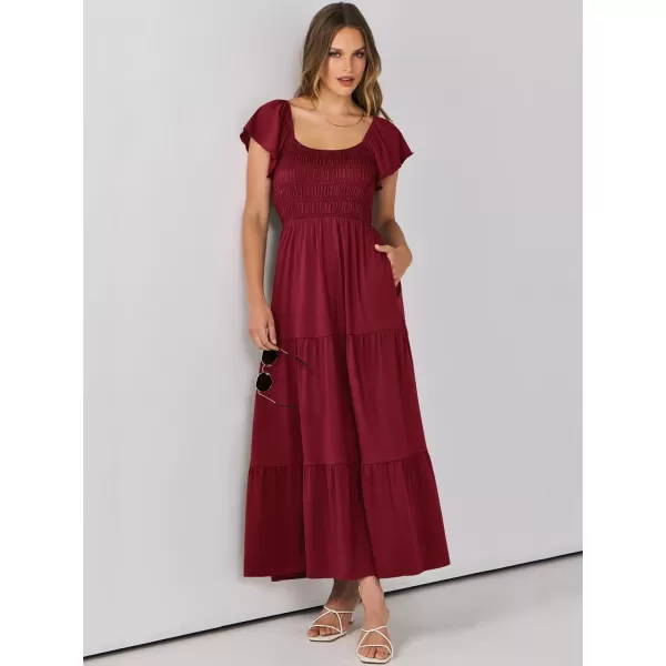 imageANRABESS Womens 2024 Summer Casual Flutter Short Sleeve V Neck Smocked Elastic Waist Tiered A Line Maxi DressWine Red