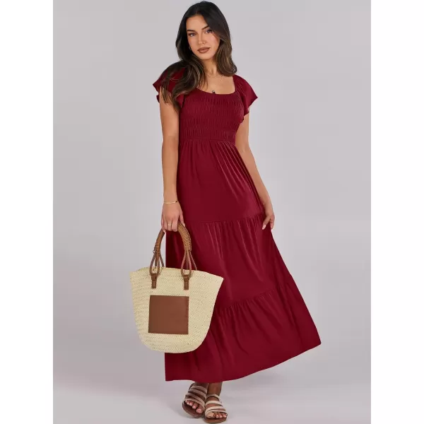 imageANRABESS Womens 2024 Summer Casual Flutter Short Sleeve V Neck Smocked Elastic Waist Tiered A Line Maxi DressWine Red