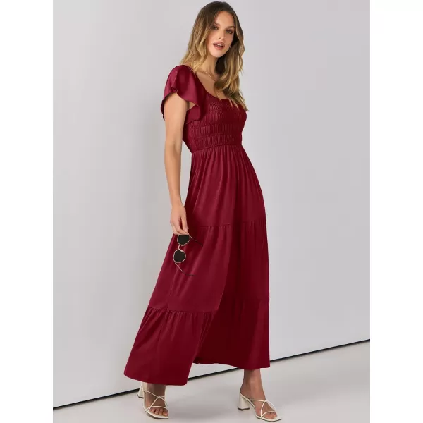 imageANRABESS Womens 2024 Summer Casual Flutter Short Sleeve V Neck Smocked Elastic Waist Tiered A Line Maxi DressWine Red