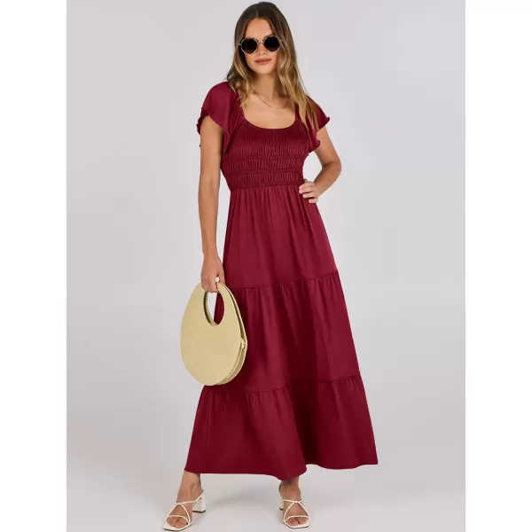 imageANRABESS Womens 2024 Summer Casual Flutter Short Sleeve V Neck Smocked Elastic Waist Tiered A Line Maxi DressWine Red