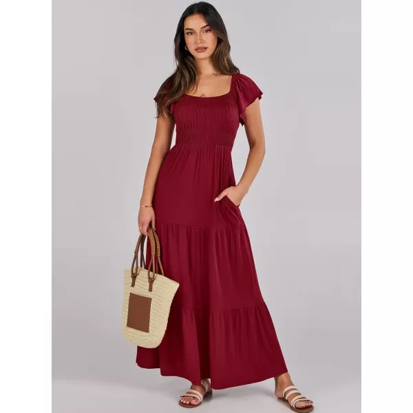 imageANRABESS Womens 2024 Summer Casual Flutter Short Sleeve V Neck Smocked Elastic Waist Tiered A Line Maxi DressWine Red