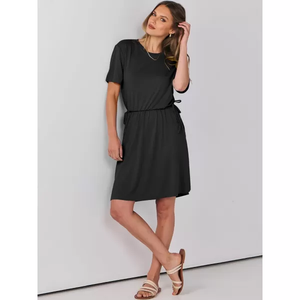 imageANRABESS Womens 2024 Summer Casual Short Sleeve Crew Neck Tie Waist Hide Belly T Shirt Dress with PocketsBlack