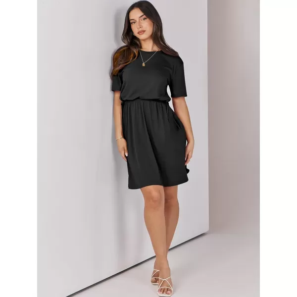 imageANRABESS Womens 2024 Summer Casual Short Sleeve Crew Neck Tie Waist Hide Belly T Shirt Dress with PocketsBlack