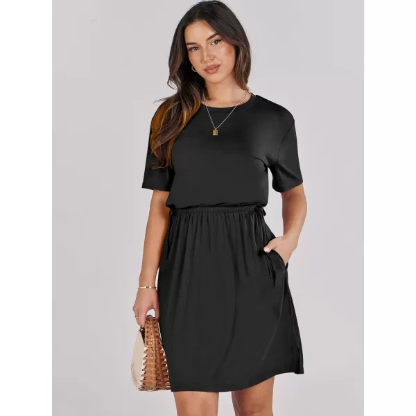 imageANRABESS Womens 2024 Summer Casual Short Sleeve Crew Neck Tie Waist Hide Belly T Shirt Dress with PocketsBlack