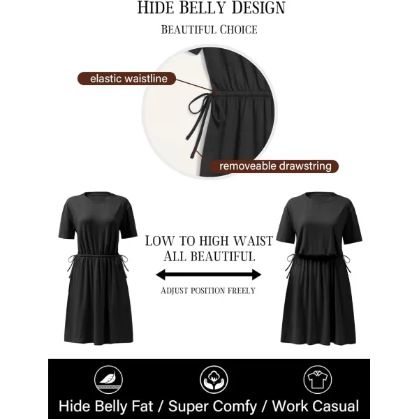 imageANRABESS Womens 2024 Summer Casual Short Sleeve Crew Neck Tie Waist Hide Belly T Shirt Dress with PocketsBlack