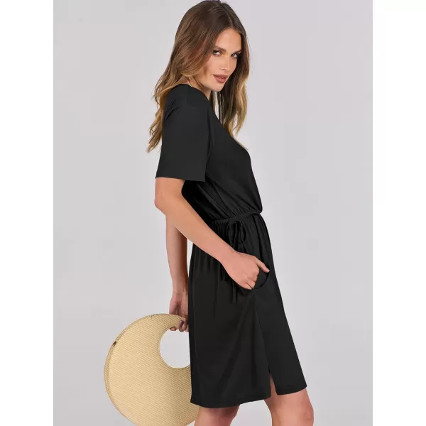 imageANRABESS Womens 2024 Summer Casual Short Sleeve Crew Neck Tie Waist Hide Belly T Shirt Dress with PocketsBlack