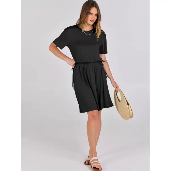 imageANRABESS Womens 2024 Summer Casual Short Sleeve Crew Neck Tie Waist Hide Belly T Shirt Dress with PocketsBlack
