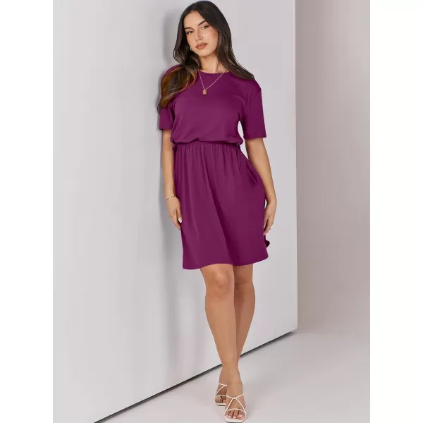 imageANRABESS Womens 2024 Summer Casual Short Sleeve Crew Neck Tie Waist Hide Belly T Shirt Dress with PocketsGrape Purple