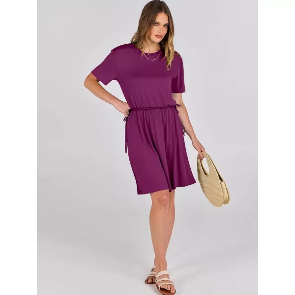 imageANRABESS Womens 2024 Summer Casual Short Sleeve Crew Neck Tie Waist Hide Belly T Shirt Dress with PocketsGrape Purple