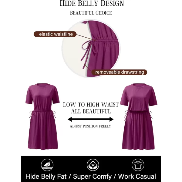 imageANRABESS Womens 2024 Summer Casual Short Sleeve Crew Neck Tie Waist Hide Belly T Shirt Dress with PocketsGrape Purple
