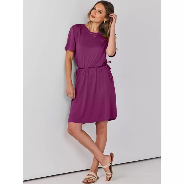 imageANRABESS Womens 2024 Summer Casual Short Sleeve Crew Neck Tie Waist Hide Belly T Shirt Dress with PocketsGrape Purple