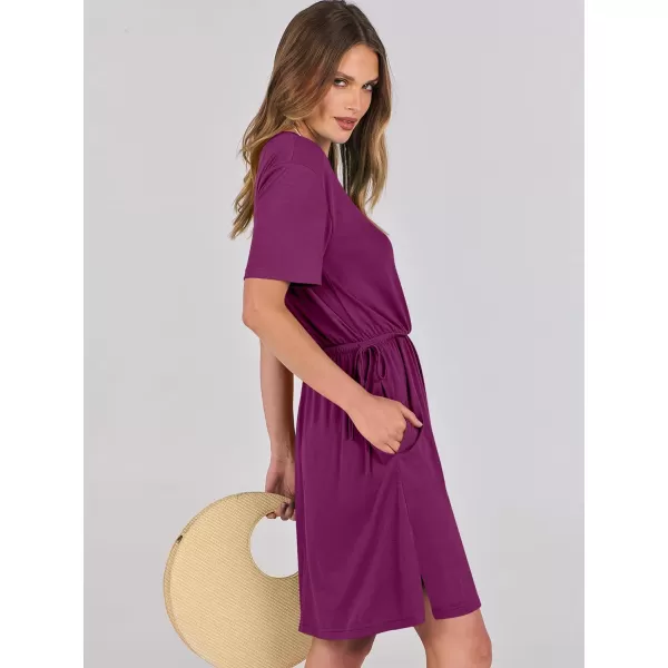 imageANRABESS Womens 2024 Summer Casual Short Sleeve Crew Neck Tie Waist Hide Belly T Shirt Dress with PocketsGrape Purple