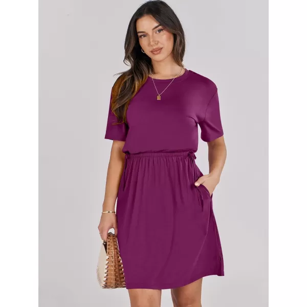 imageANRABESS Womens 2024 Summer Casual Short Sleeve Crew Neck Tie Waist Hide Belly T Shirt Dress with PocketsGrape Purple