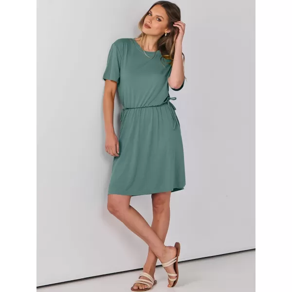 imageANRABESS Womens 2024 Summer Casual Short Sleeve Crew Neck Tie Waist Hide Belly T Shirt Dress with PocketsGrass
