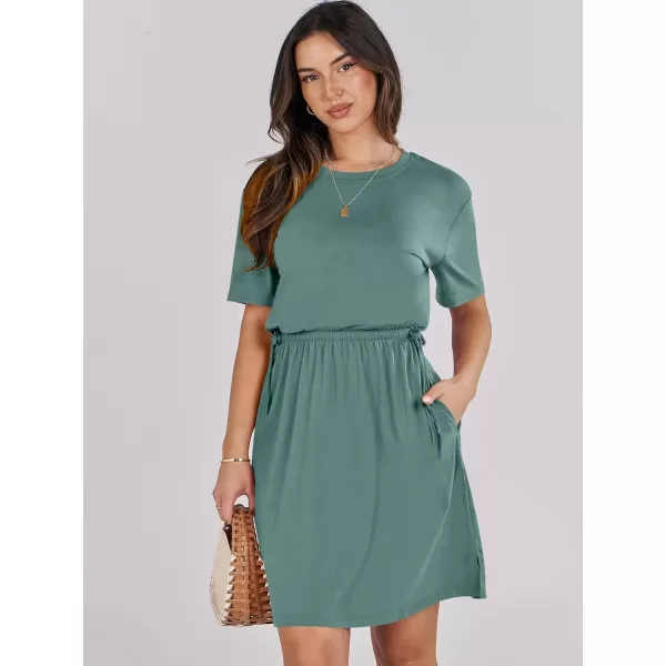 imageANRABESS Womens 2024 Summer Casual Short Sleeve Crew Neck Tie Waist Hide Belly T Shirt Dress with PocketsGrass