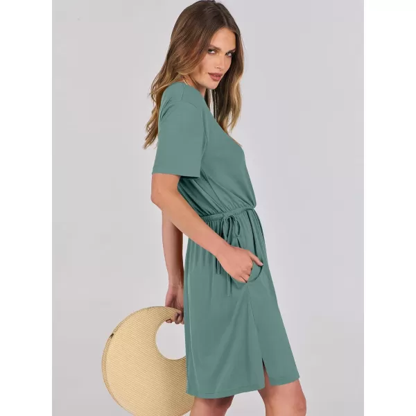 imageANRABESS Womens 2024 Summer Casual Short Sleeve Crew Neck Tie Waist Hide Belly T Shirt Dress with PocketsGrass