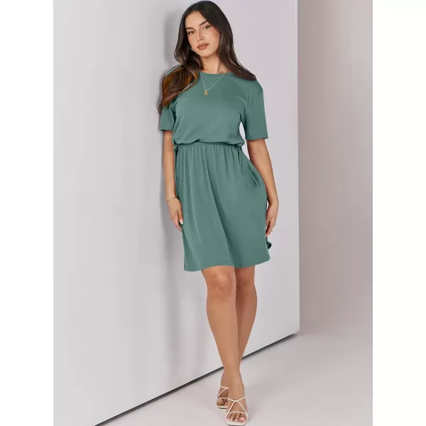 imageANRABESS Womens 2024 Summer Casual Short Sleeve Crew Neck Tie Waist Hide Belly T Shirt Dress with PocketsGrass