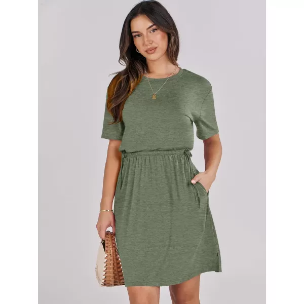 imageANRABESS Womens 2024 Summer Casual Short Sleeve Crew Neck Tie Waist Hide Belly T Shirt Dress with PocketsGreen