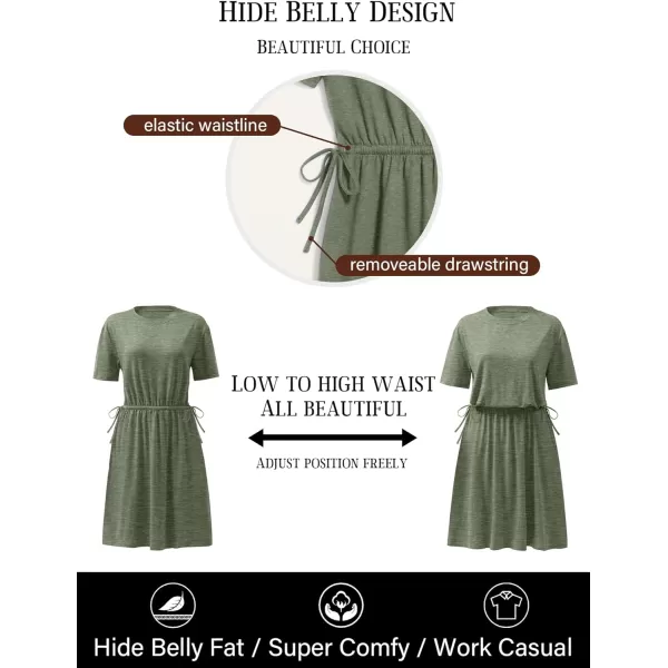 imageANRABESS Womens 2024 Summer Casual Short Sleeve Crew Neck Tie Waist Hide Belly T Shirt Dress with PocketsGreen