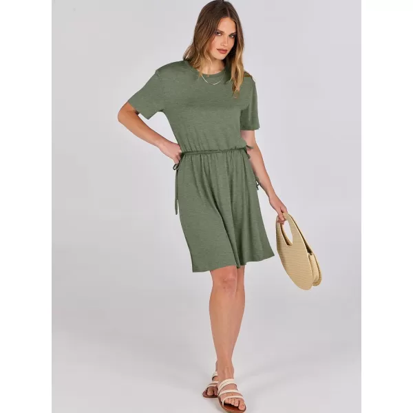 imageANRABESS Womens 2024 Summer Casual Short Sleeve Crew Neck Tie Waist Hide Belly T Shirt Dress with PocketsGreen