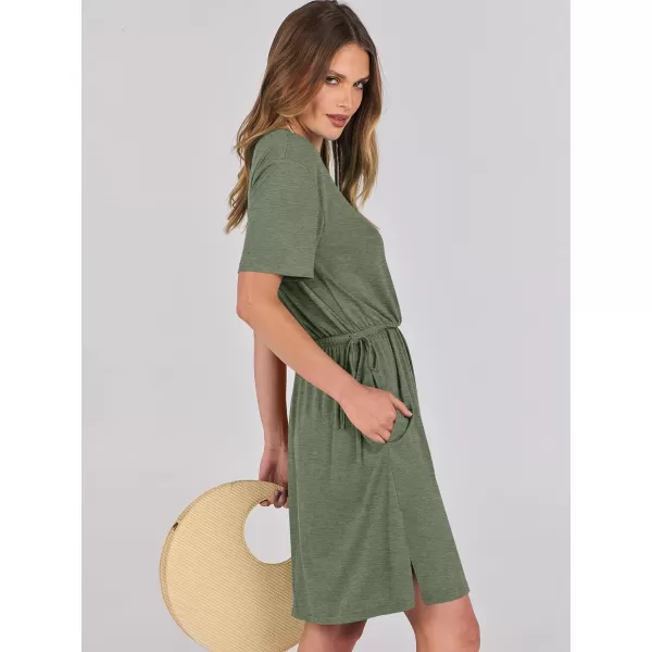 imageANRABESS Womens 2024 Summer Casual Short Sleeve Crew Neck Tie Waist Hide Belly T Shirt Dress with PocketsGreen