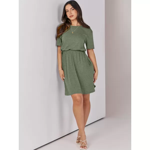 imageANRABESS Womens 2024 Summer Casual Short Sleeve Crew Neck Tie Waist Hide Belly T Shirt Dress with PocketsGreen