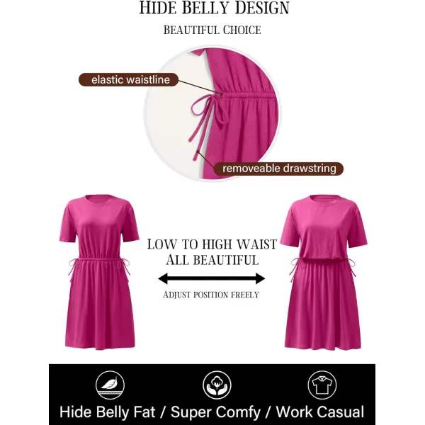 imageANRABESS Womens 2024 Summer Casual Short Sleeve Crew Neck Tie Waist Hide Belly T Shirt Dress with PocketsHot Pink