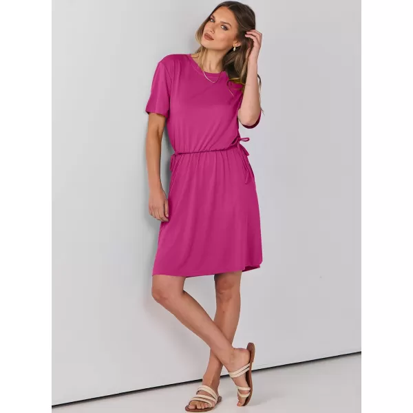 imageANRABESS Womens 2024 Summer Casual Short Sleeve Crew Neck Tie Waist Hide Belly T Shirt Dress with PocketsHot Pink