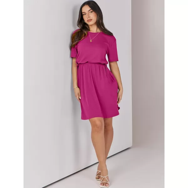 imageANRABESS Womens 2024 Summer Casual Short Sleeve Crew Neck Tie Waist Hide Belly T Shirt Dress with PocketsHot Pink