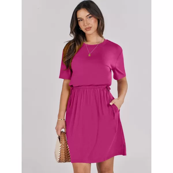 imageANRABESS Womens 2024 Summer Casual Short Sleeve Crew Neck Tie Waist Hide Belly T Shirt Dress with PocketsHot Pink