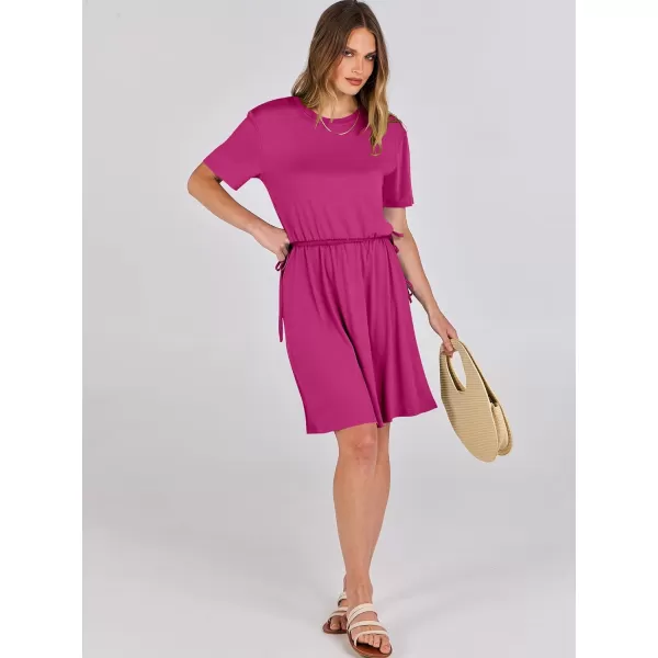 imageANRABESS Womens 2024 Summer Casual Short Sleeve Crew Neck Tie Waist Hide Belly T Shirt Dress with PocketsHot Pink