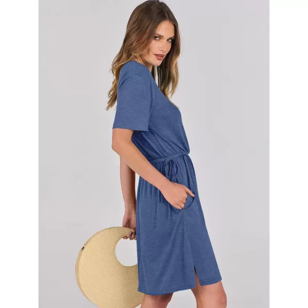 imageANRABESS Womens 2024 Summer Casual Short Sleeve Crew Neck Tie Waist Hide Belly T Shirt Dress with PocketsNavy Blue