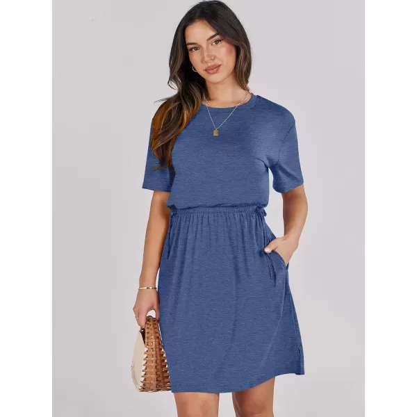 imageANRABESS Womens 2024 Summer Casual Short Sleeve Crew Neck Tie Waist Hide Belly T Shirt Dress with PocketsNavy Blue