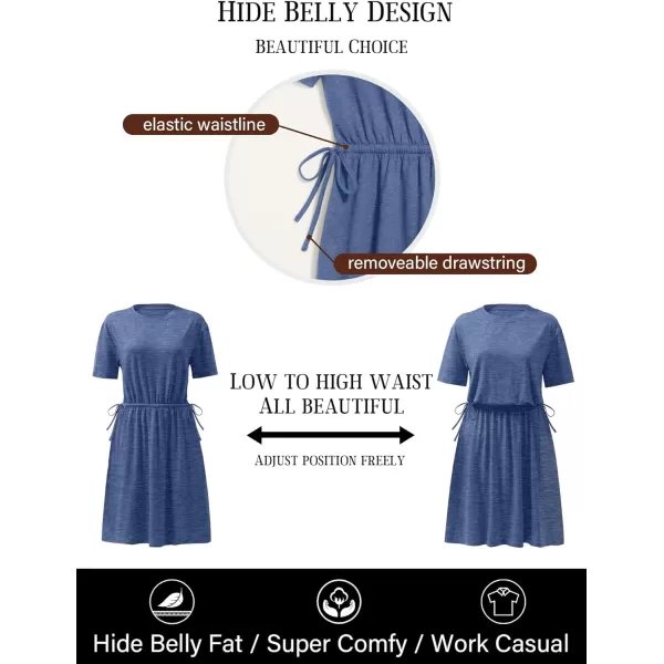 imageANRABESS Womens 2024 Summer Casual Short Sleeve Crew Neck Tie Waist Hide Belly T Shirt Dress with PocketsNavy Blue