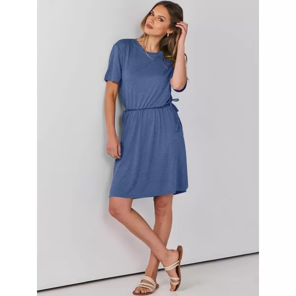 imageANRABESS Womens 2024 Summer Casual Short Sleeve Crew Neck Tie Waist Hide Belly T Shirt Dress with PocketsNavy Blue