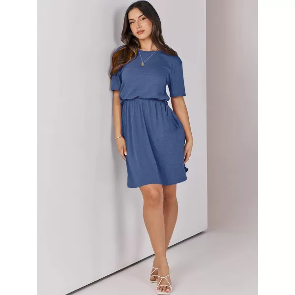 imageANRABESS Womens 2024 Summer Casual Short Sleeve Crew Neck Tie Waist Hide Belly T Shirt Dress with PocketsNavy Blue
