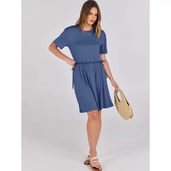 imageANRABESS Womens 2024 Summer Casual Short Sleeve Crew Neck Tie Waist Hide Belly T Shirt Dress with PocketsNavy Blue