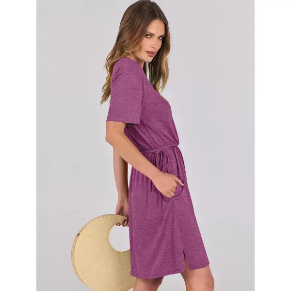 imageANRABESS Womens 2024 Summer Casual Short Sleeve Crew Neck Tie Waist Hide Belly T Shirt Dress with PocketsPurple