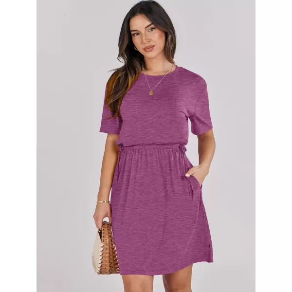 imageANRABESS Womens 2024 Summer Casual Short Sleeve Crew Neck Tie Waist Hide Belly T Shirt Dress with PocketsPurple