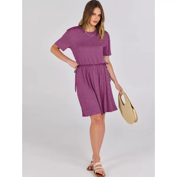 imageANRABESS Womens 2024 Summer Casual Short Sleeve Crew Neck Tie Waist Hide Belly T Shirt Dress with PocketsPurple
