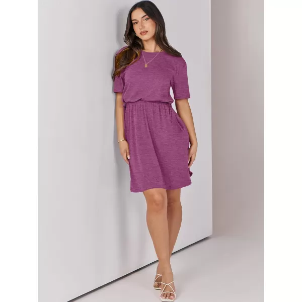 imageANRABESS Womens 2024 Summer Casual Short Sleeve Crew Neck Tie Waist Hide Belly T Shirt Dress with PocketsPurple